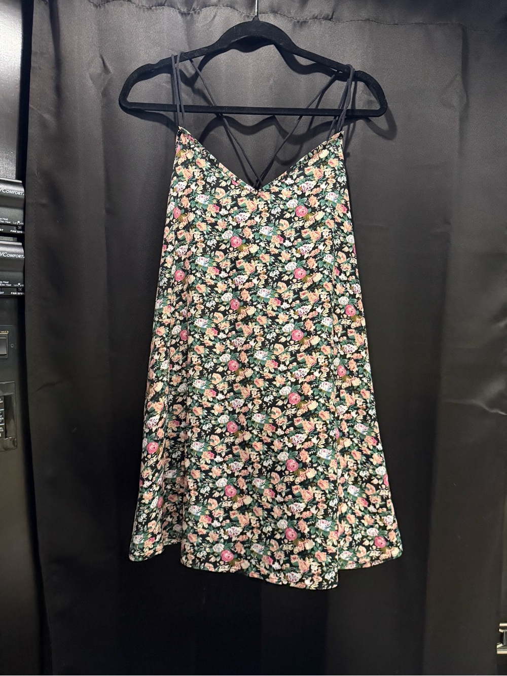 SHEIN Black Floral Spaghetti Strap Slip Dress with Pink & Green Blossoms